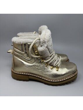 MONTELLIANA 1965 Camelia Icon Shearling Combat Boots Gold Metallic Size 7 US